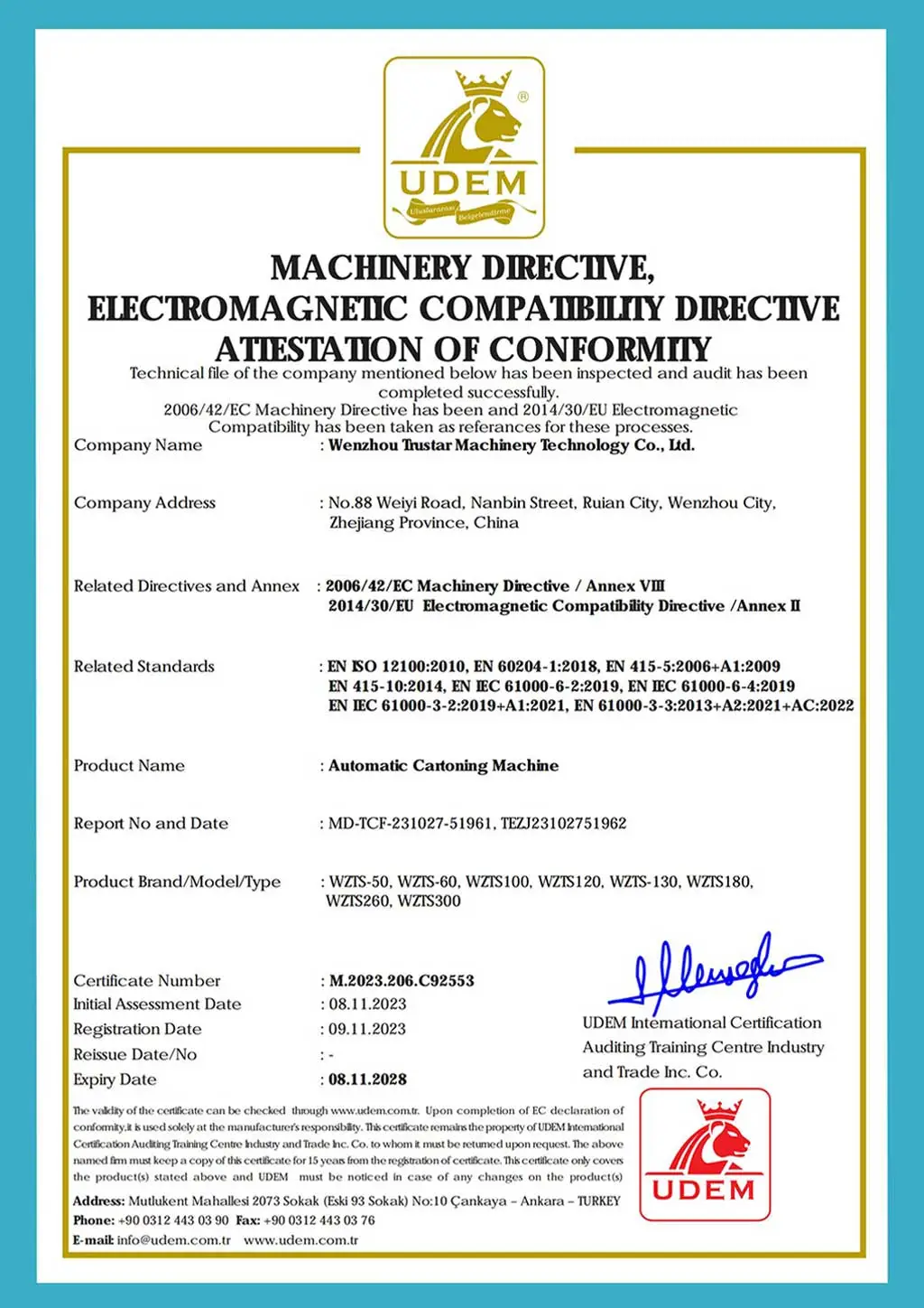 machinery directive, electromagnetic compatibility directive attestation of conformity